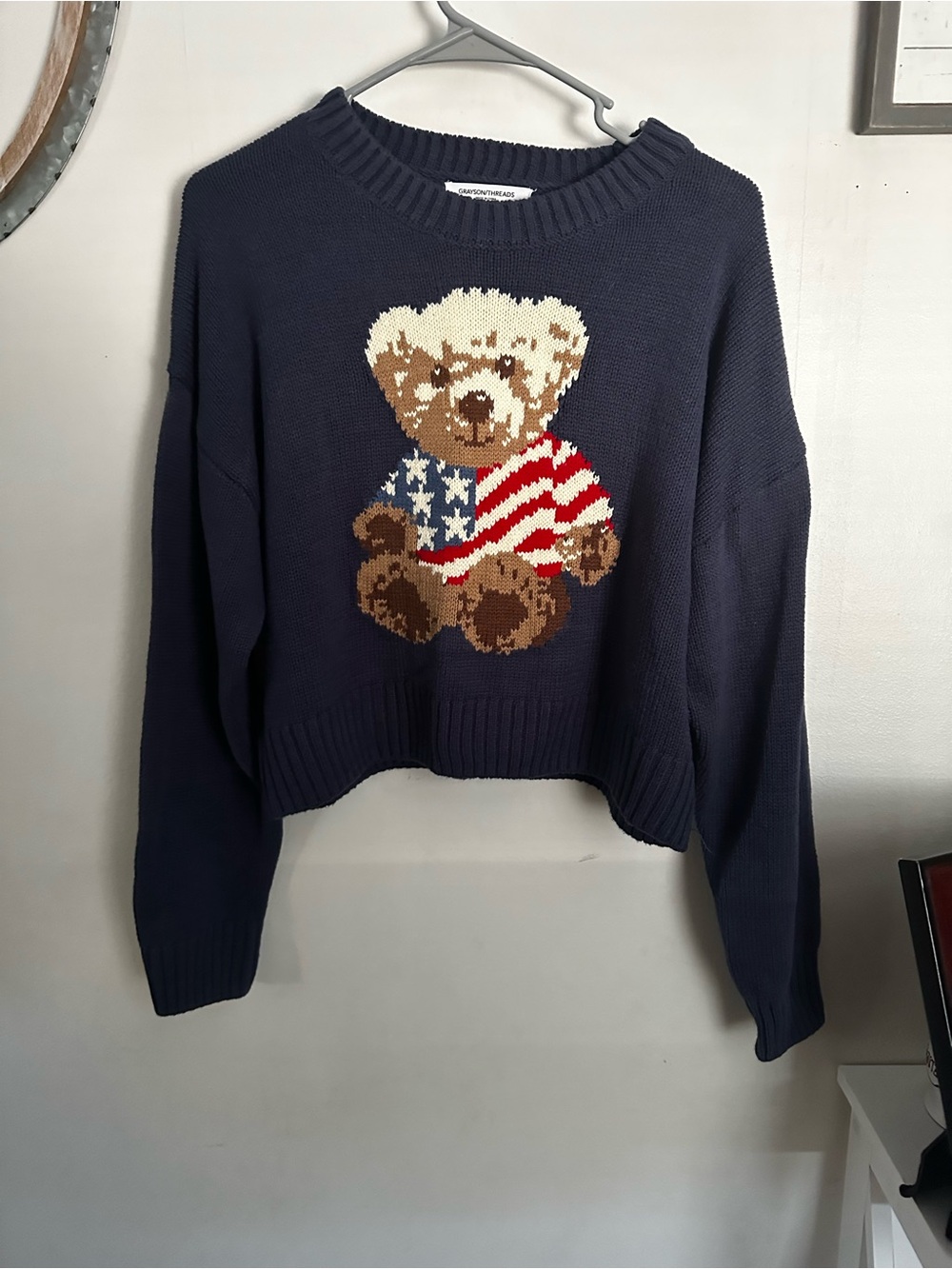 Navy Teddy Bear Intarsia Knit Sweater - Grayson Threads Medium